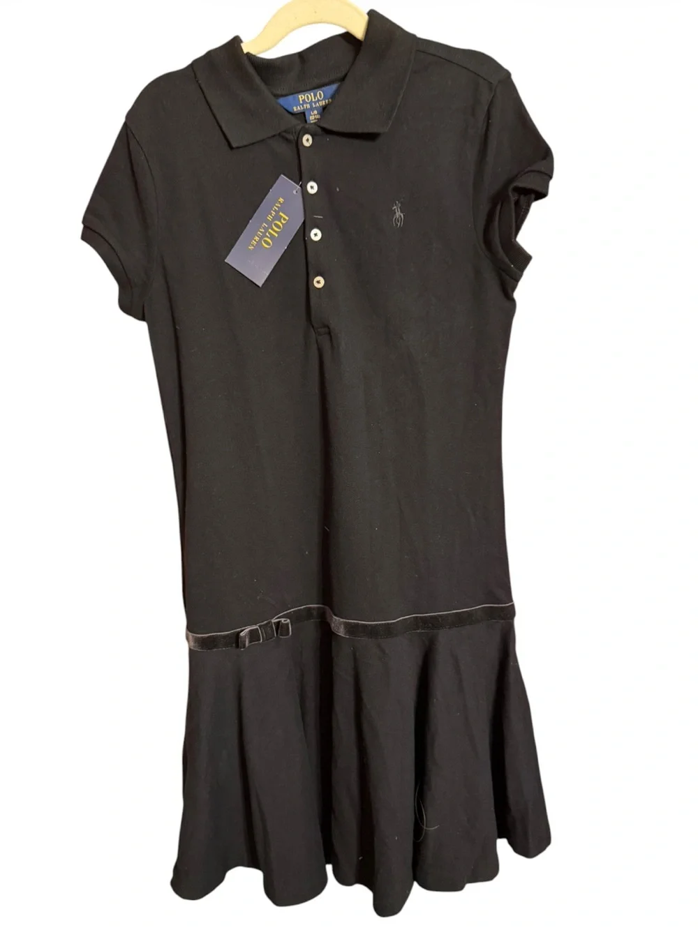 Ralph Lauren Black Polo Dress Drop Waist Velvet Bow    Ruffle Hem NWT Size Large